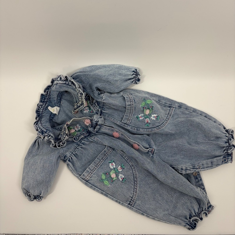 Vintage 90s Baby Girl Denim Floral Embroidered Ruffle Romper 12-18 Months